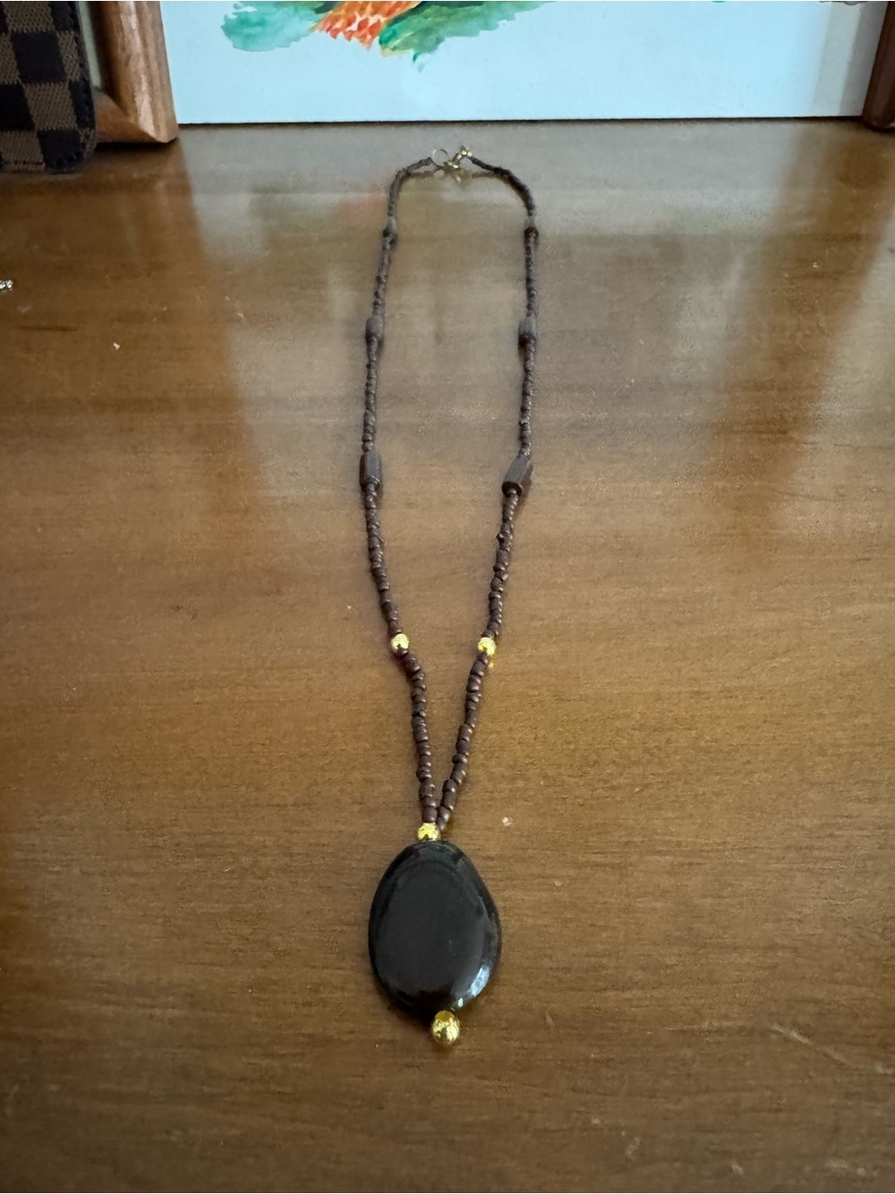 Brown Beaded Pendant Necklace with Gold Accents